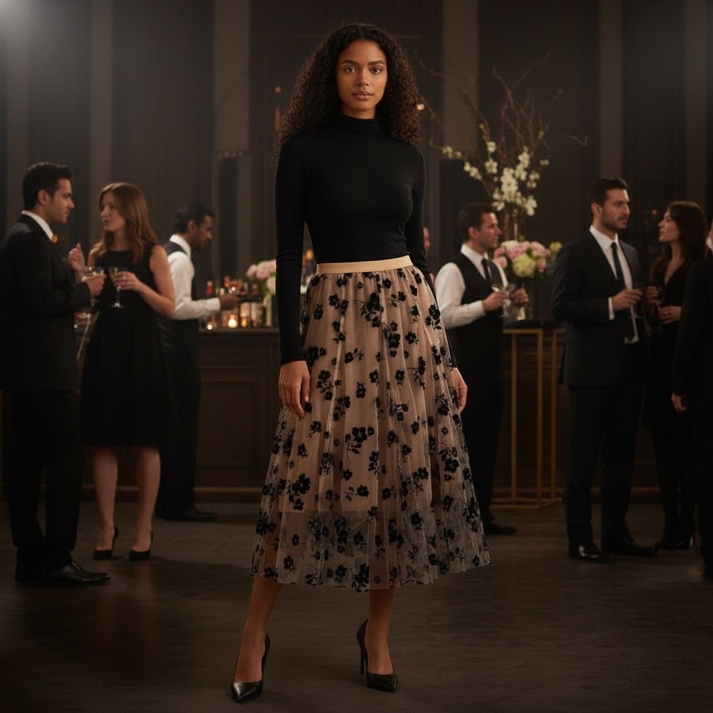 Chicwish Black and Cream Floral Midi Skirt